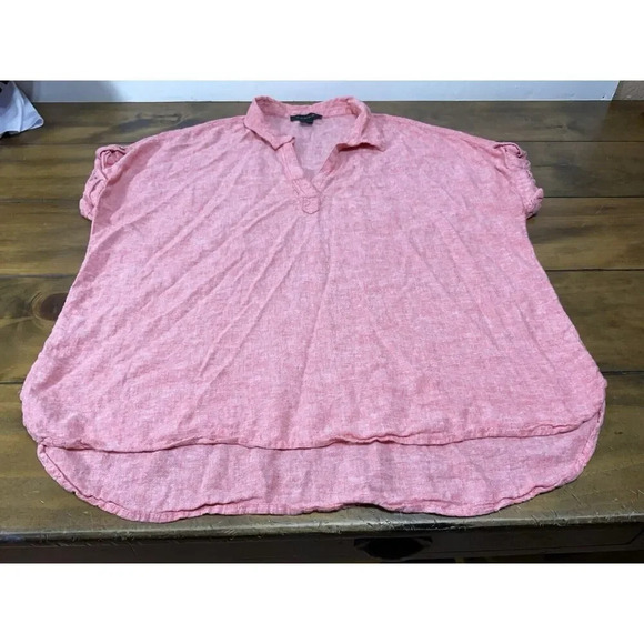 Tahari Blouse Women 1X Pink Linen Blend Short Sleeve V-Neck Top - Picture 5 of 9